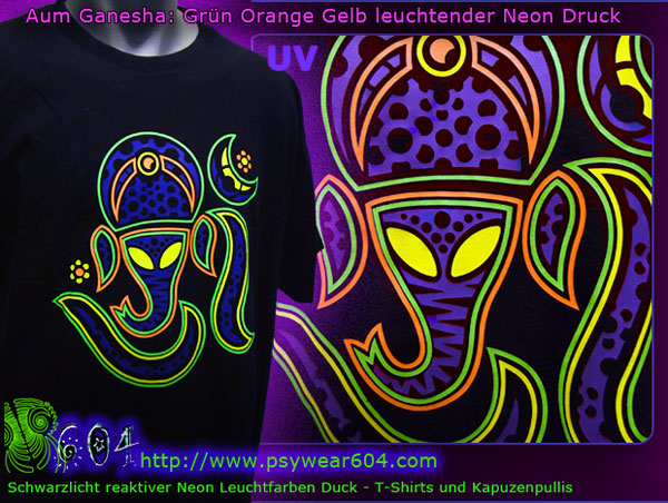 Aum Ganesha: Psy Trance Kleidung | T-Shirts und Kapuzenpullis mit Schwarzlicht -reaktive Neonfarben