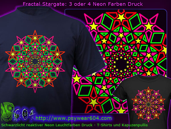 Fractal Stargate | Psychedelische Trance Kleidung, T-Shirts und Kapuzenpullis mit Schwarzlicht -reaktive Leuchtfarben