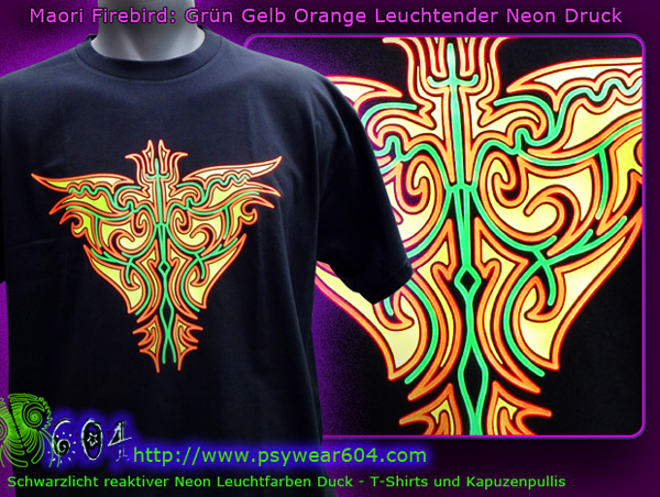 Maori Firebird T-Shirts und Kapuzenpullis mit Schwarzlicht -reaktive Leuchtfarben