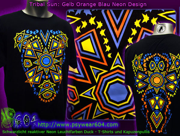 Tribal Sun T-Shirts und Kapuzen Pullis mit Schwarzlicht -reaktive Neonfarben