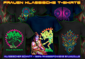 Damen Psy Trance T-Shirts mit schwarz Licht Neon Leuchtfarben 