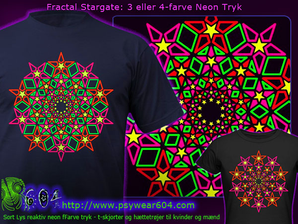 Fractal Stargate | Psykedeliske Tøj, t-skjorte og hættetrøje med sort lys reaktive neonfarver