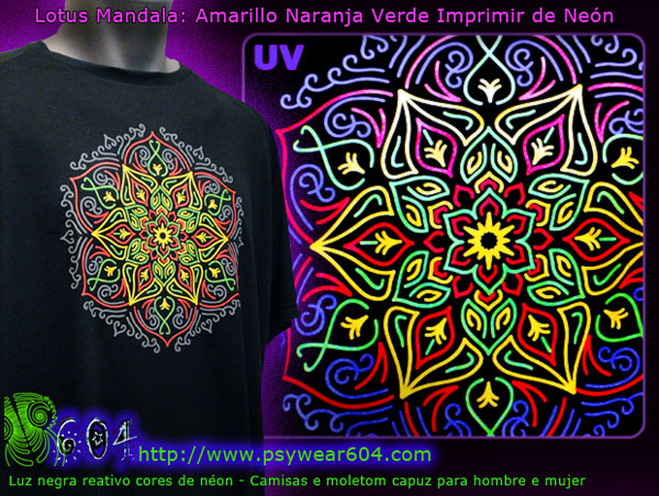 Ropa psicodélico | Lotus Mandala Camisetas y sudaderas con capucha con negro-luz reactiva colores de neón