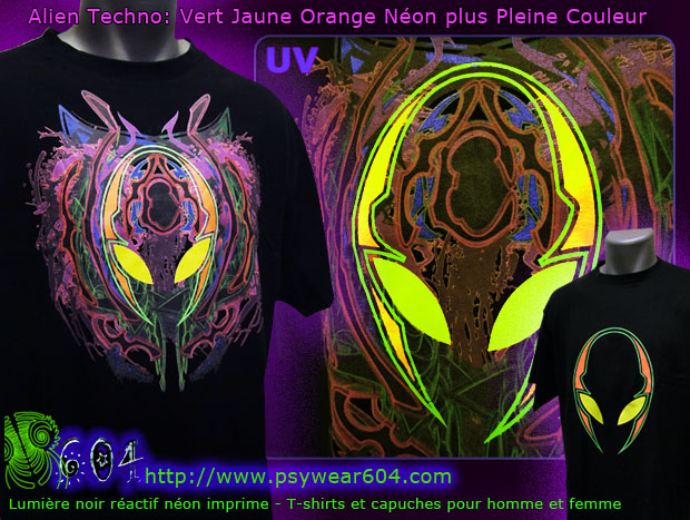 Alien Techno | vêtements psytrance T-shirts et Sweats Capuche avec les couleurs néon et réactifs dans noir-lumière