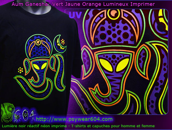 Aum Ganesha | vêtements psychédélique tee-shirts et hoodies avec les couleurs néon réactifs dans lumiere noir