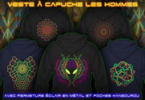 Homme veste capuche avec uv re-active lumière noire imprimée