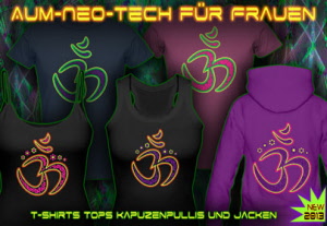 Aum Neo Tech: T-Shirts, Tops. Pullover und Jacken mit einem schwarz-Licht re-aktiven neon Farbdruck für Frauen. 