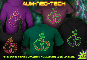 Aum Neo Tech: Tshirts und Kapuzenpullover mit Neon-Farbdruck