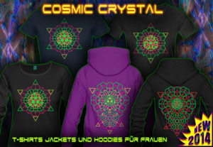 Cosmic Kristall: Techno T-Shirts und Hoodies mit Schwarzlicht Neon Farben für Damen