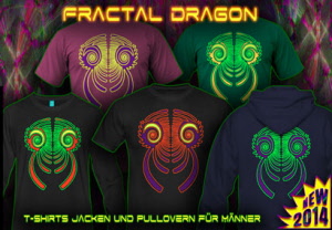 Fractal Drache: Psytrance und Techno T-Shirts mit neon Farben für Herren.