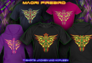 Maori Firebird: T-Shirts und Kapuzen mit Schwarz-Licht Neon Farbdruck