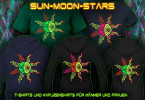 Sonne Mond Sterne. T-Shirts, Pullover und Jacken mit einem Schwarz-Licht re-aktiven neon Farbdruck 