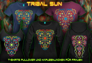 Psytrance und Techno T-Shirts, Pullover und Jacken mit einem Schwarz-Licht re-aktiven neon Farbdruck für Damen. Erhältlich in vielen hellen Leuchtfarben Kombinationen.