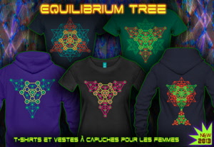 Equilibrium: tee shirts et vestes à capuche avec lumière noire réactive couleurs au néon pour les femmes.