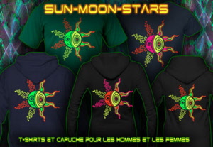 Soleil Lune Etoiles, tee shirts et hoodies avec lumière noire réactive couleurs au néon 