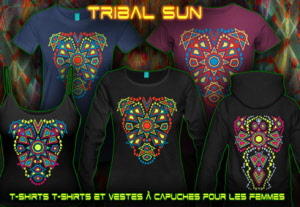 Le soleil tribal: tee shirts techno et psytrance avec couleurs au néon pour les femmes.