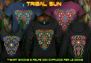 Tribal Sun: T-shirt techno e psytrance con colori neon re-attivo nero-luce da donna