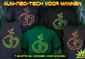 Aum Neo Tech: T-Shirts, Tops. Hoodies en Jassen met een zwart-licht re-actieve neon kleurendruk voor mannen