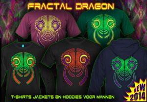 Fractal Dragon: psytrance en techno t-shirts met neon kleuren voor mannen.