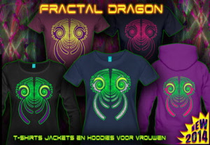 Fractal Dragon: psytrance en techno t-shirts met neon kleuren voor dames.