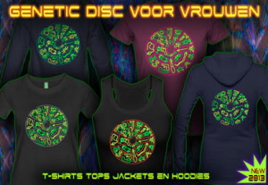 Genetic Disc: (De Genetische schijf) T-Shirts en Hoodies met neon kleurenprint voor vrouwen. 