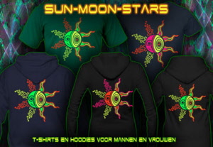 Zon Maan Sterren: t-shirts jackets en hoodies met zwart licht reactieve neon kleuren 