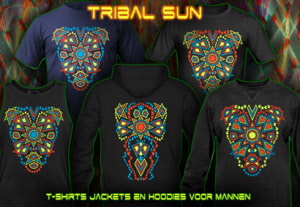 Tribal Sun: psytrance en techno t-shirts en hoodies neon kleuren voor mannen.