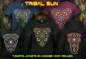 Tribal Sun: techno en psytrance t-shirts met zwart licht reactieve neon kleuren voor vrouwen