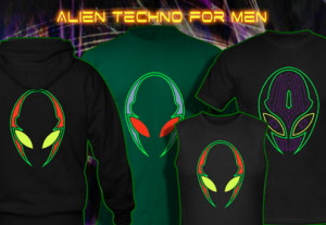 Alien techno, psy trance goa t-shirts jackets hoodies with blacklight reactive neon color print for men