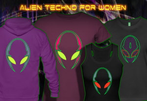 Alien techno: psywear t-shirts jackets and hoodies with a black light reactive neon color print for women