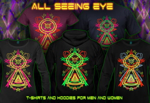 All Seeing Eye, T-Shirts Hooded Jackets and Hoodies with a blacklight re-active neon color 