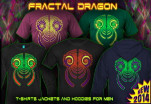 Fractal Dragon: Psytrance and techno t-shirts with a blacklight re-active neon color print for men