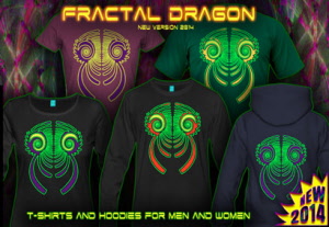 Fractal Dragon: T-Shirts and Hoodies with uv black-light reactive neon-color print 