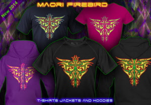 Maori Firebird: Neon color black-light reactive T-Shirts and Hoodies