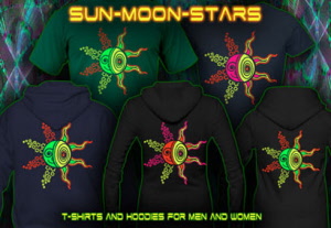 Sol Lua Estrelas, Sun Moon Stars: Camisas e camisolas con luz negra reativa cores de néon