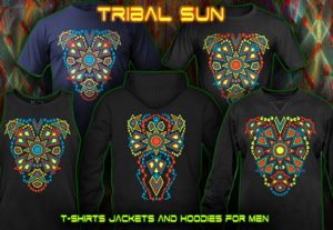 Tribal Sun: Psytrance an Techno T-Shirts,and Hoodies with a black-light re-active neon color print for men