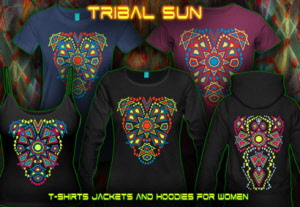 Tribal Sun: Psytrance and Techno T-Shirts and Hoodies with neon color print for women.