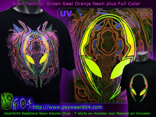 Alien Techno | Psytrance Kleding T-Shirts en Hoodies met een op zwart licht reagerende neon print