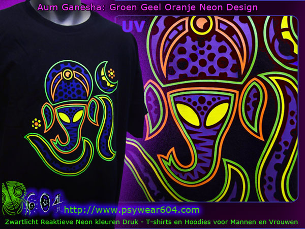 Aum Ganesha | Psychedelische Kleding T-Shirts en Hoodies met een op zwart licht reagerende neon print