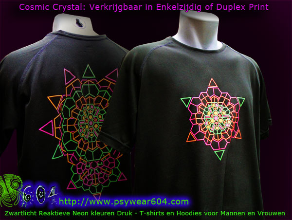 Cosmic Crystal | Psytrance T-Shirts en Hoodies met een op zwart licht reagerende neon print