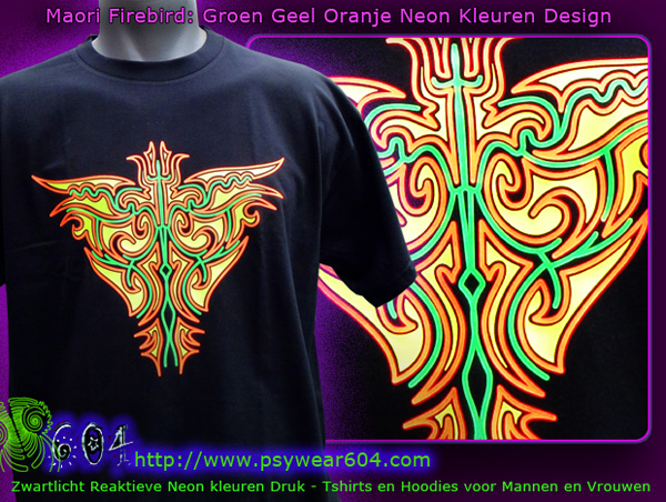 Maori Firebird T-Shirts en Hoodies met een op zwart licht reagerende neon print