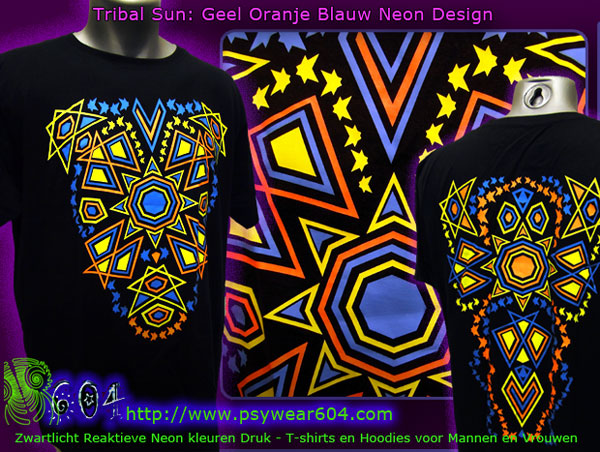 Tribal Sun T-Shirts en Hoodies met een op zwart licht reagerende neon print