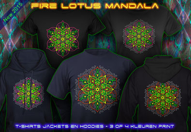 Fire Lotus Mandala: T-shirts en hoodies met zwart licht reactieve neon kleuren. 