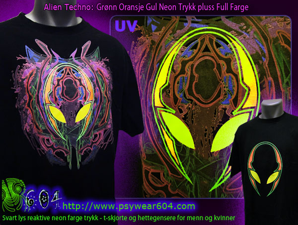 Alien Techno psytrance t-skjorter og gensere med svart lys reaktive neonfarger