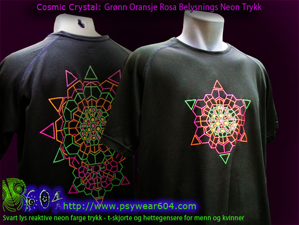 Cosmic Crystal psytrance t-skjorter og gensere med svart lys reaktive neonfarger