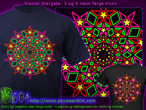 Fractal Stargate, psywear t-skjorter og hettegenser med svart lys reaktive neonfarger