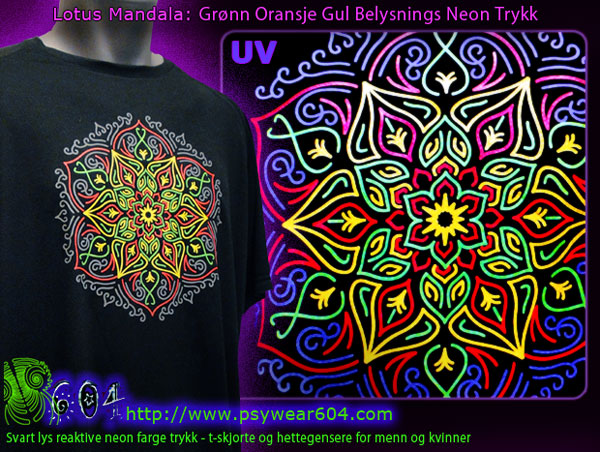 Lotus Mandala, psytrance t-skjorter og gensere med svart lys reaktive neonfarger