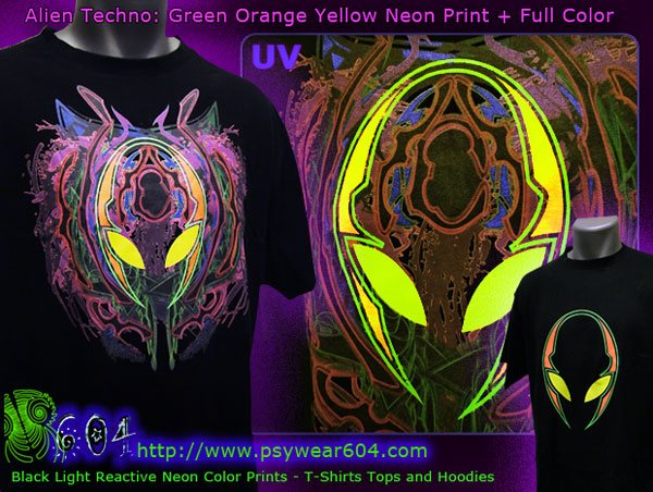 Psywear | Alien Techno Magliette psytrance e felpe con cappuccio con neroluce colori al neon reattivi