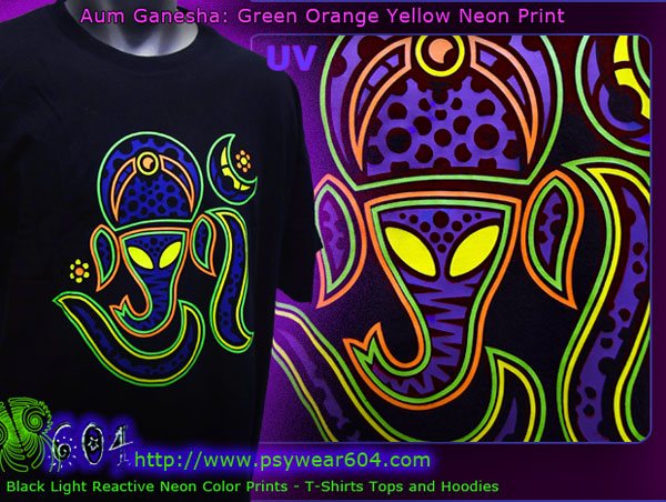 Aum ganesha psychedelic t-shirts and hoodies with black-light reactive neon colors