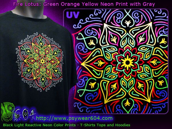 Lotus mandala psychedelic t-shirts and hoodies with black-light reactive neon colors